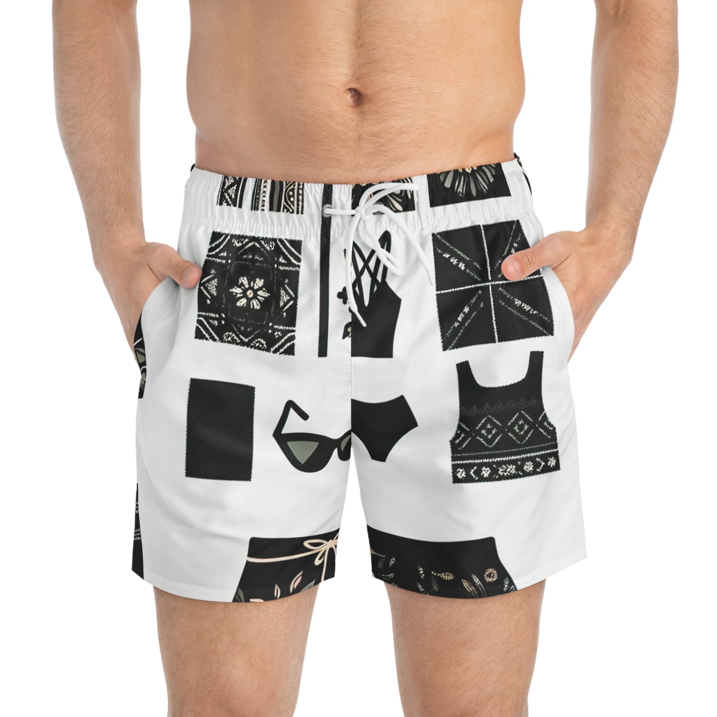 "Step into the blend of comfort and high-fashion with our Peskoi swim trunks. The allure of our black, monochrome swimwear collection - Swim Trunks